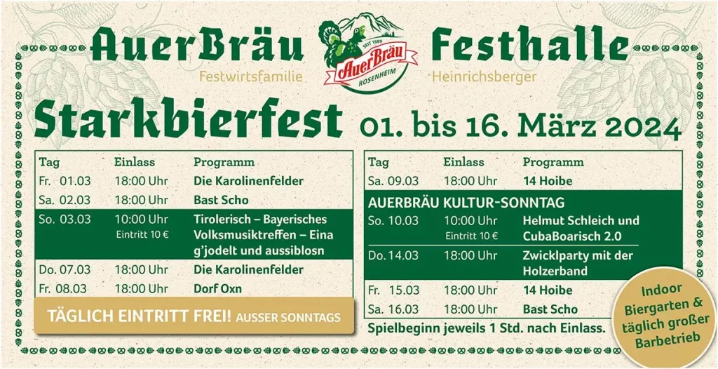 Starkbierfest 2024 Festprogramm - Auerbräu Festhalle Rosenheim Festwirtsfamilie Heinrichsberger