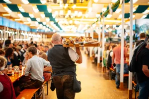 Speisen die auf einem Tablett von einem Mann durch die gefüllte Auerbräu-Festhalle, auf dem Rosenheimer Herbstfest, getragen werden