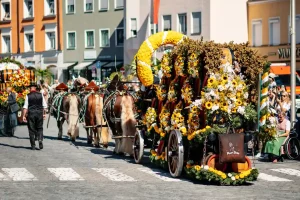 Eine geschmückte Kutsche mit Pferden, auf dem Umzug zum Rosenheimer Herbstfest durch die Rosenheimer Innenstadt